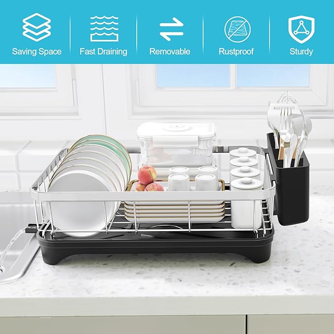 Dish Drying Rack 304 Stainless Steel Dish Rack with Drainboard,Space Spaving Auto-Draining Drying Racks for Kitchen Counter,Large Capacity Dish Racks for Bowls, Cups, Dish Drainer Black