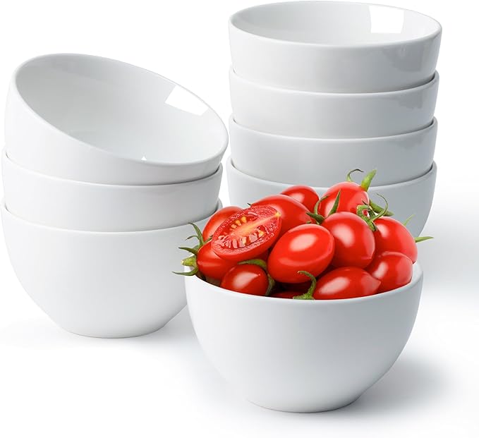 NUTRIUPS 10oz Ice Cream Bowl, 4.3in Small Ceramic Bowls for Dessert Snack Rice Side Dishes, White Dip Bowl, Set of 8