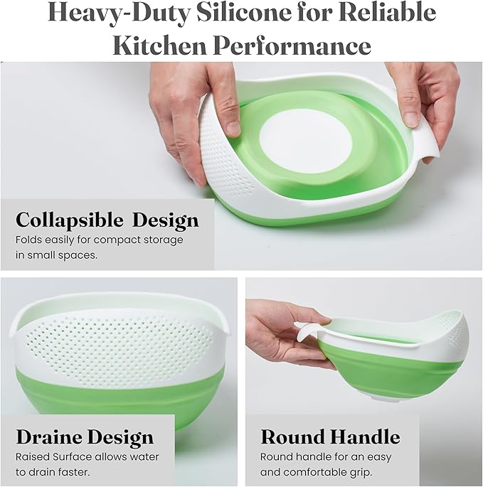 Kitchen Gizmo Collapsible Rice Strainer - Silicone Rice Washer Strainer Bowl - BPA Free - Space Saving Design - Lightweight and Easy to Clean - 5.5 to 3.15 Inches High - Green/Grey