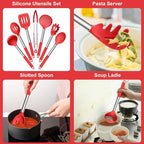 E-far Silicone Cooking Utensils Set, 7 Pcs Heat Resistant Kitchen Utensils with Stainless Steel Handle, Slotted Turner, Spoon, Soup Ladle, Pasta Server, Skimmer, Tongs for Nonstick Cookware, Red