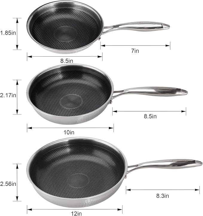 Hybrid 8 10 12 inch Stainless Steel Non Stick Skillet set,Frying Pans Nonstick, PFOA Free Cookware, Dishwasher and Oven Safe, Induction Compatible