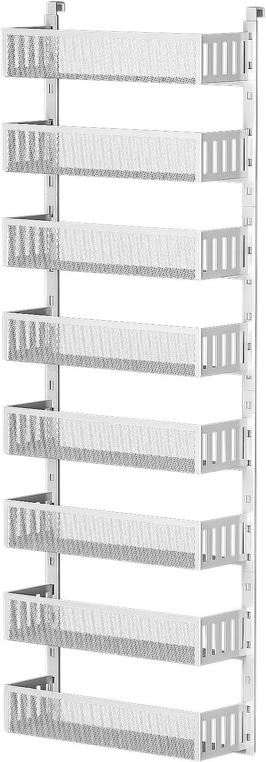 8-Tier Over The Door Pantry Organizer with Mesh Baskets, Adjustable & Stable Hanging Spice Rack for Kitchen, Bathroom, Bedroom, and Baby Essentials Storage (16" W 8-Tiers, White)