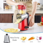 VEKAYA Cheese Grater, Cheese Grater Hand Crank, 4 Interchangeable Blades Cheese Shredder, Vegetable Slicer, Non-slip Suction Base, Easy to Clean Rotary Grater with Handle (Red)