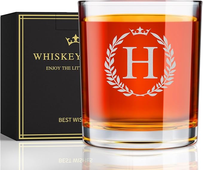 Personalized Whiskey Glasses Gifts for Men, Monogrammed Engraved A-Z 10.6 oz Rocks Glass Customized Gift, Unique Christmas Birthday Gifts for Men Him Dad Husband Brother Son (H)