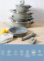 Sur La Table Kitchen Essentials 13 Piece Detachable Handle Pots and Pans Premium PFA Free Premium Ceramic Non Stick Induction Safe and Secure Removable Handle Cookware Set - Juniper Green