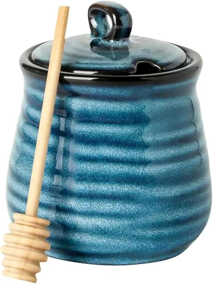 glowworm 12 Ounce Honey Pot, Honey Jars with Dipper, Ceramic Honey Dispenser for Home, Kitchen, Dishwasher Safe, Blue