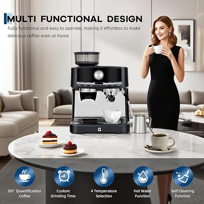 Garvee 20 Bar Pressure Stainless Steel Espresso Machine with Grinder, 1.5L Removable Water Tank, Milk Frother Steam Wand for Latte/Cappuccino - Adjustable Shot Volume, Professional Home/Office Use