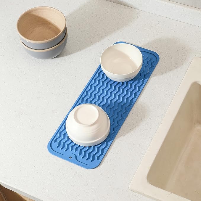 Silicone Dish Drying Mat for Multiple Usage,Easy clean,Eco-friendly,Heat-resistant Silicone Mat for Kitchen Counter,Sink,Bar,Bottle,or Cup Lichen Blue M 17 inches x 6 inches