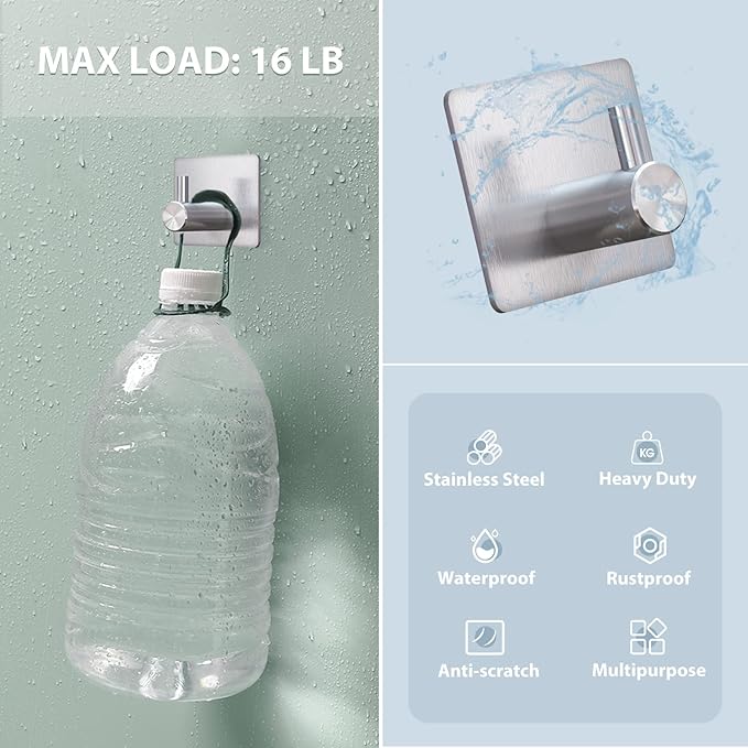 VIS'V Adhesive Towel Hooks, Waterproof Shower Wall Stick on Hooks, 2 Extra Adhesive Strips, Silver, 4 Pcs