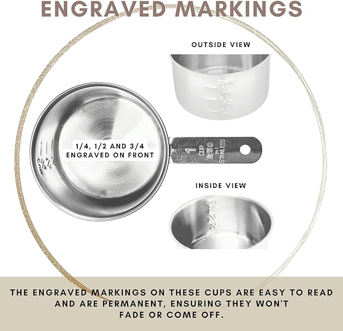 1 Cup Stainless Steel Measuring Cup | Sturdy Metal 250 ml | 240 cc | 8 oz | Single Cup for Wet and Dry Ingredients | Great for use as 1 Cup Dog Food Scoop - 4 PK