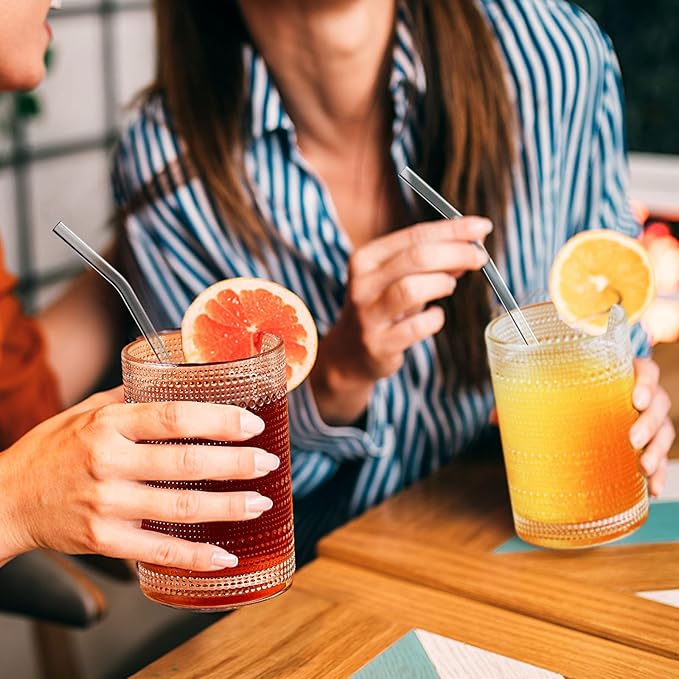 15 Oz Glass Cups with Lids and Straws, Vintage Embossed Glassware for Whiskey Cocktail Beer, Iced Coffee Cup with Lid (2 PACK)