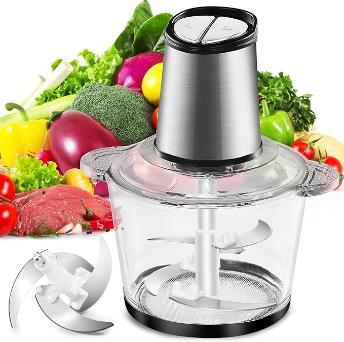 Electric Food Processor, 450W Meat Grinder Vegetable Chopper with 8cup/2L Glass Bowl, Electric Meat Chopper Veggie Cutter with 2 Speeds＆4 Blades, Kitchen Blender Mixer for Baby Food Puree,Garlic,Onion
