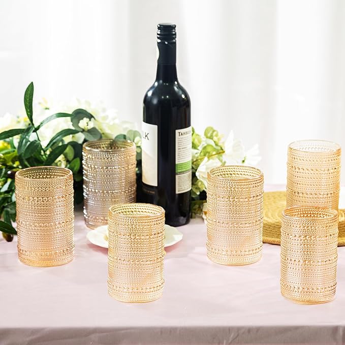 XKXKKE Amber Hobnail Beaded Drinking Glasses Set of 12, 15 oz Vintage Glassware Set Romantic Water Glasses Tumbler, Water Cups, Clear Embossed Glassware Set for Beer, Juice, Cocktail, Soda, Beverages