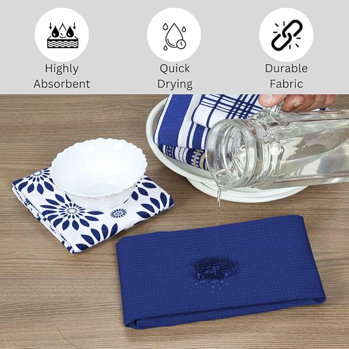 Assorted Kitchen Towels Large 16x26 Inch 100% Cotton Set of 5 - Dish Cloths Towels with Hanging Loop - Soft Absorbent Washable Tea Towels for Kitchen - Quick Drying Dish Towels Navy Blue