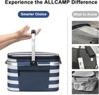 ALLCAMP Picnic Basket - Insulated Cooler, Thickening Foldable Picnic Basket with Removable Baskets & Sewn-in Frame, Basket for House Warming Gifts New Home(Blue and White)