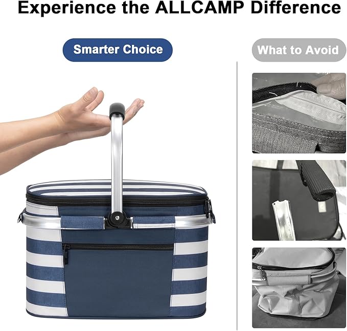 ALLCAMP Picnic Basket - Insulated Cooler, Thickening Foldable Picnic Basket with Removable Baskets & Sewn-in Frame, Basket for House Warming Gifts New Home(Blue and White)