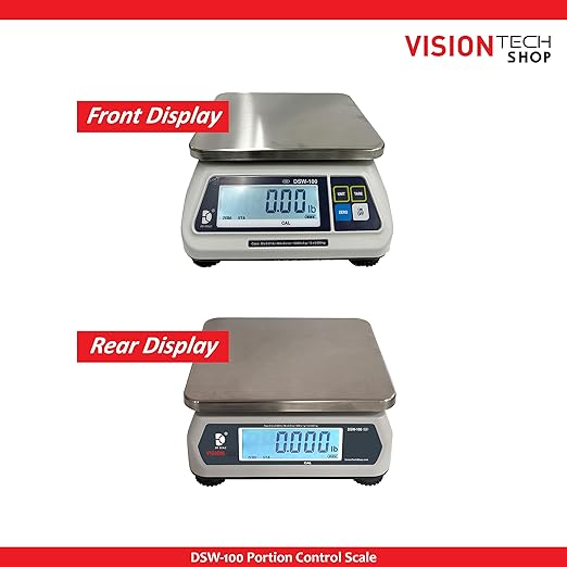VisionTechShop DSW-100 Portion Food Scale with Dual LCD Display, Stainless Steel Platter, 30lb Capacity, 0.01lb Readability, Lb/Oz/Kg/g Switchable, Low Profile Design, NTEP COC #22-007, NSF Certified