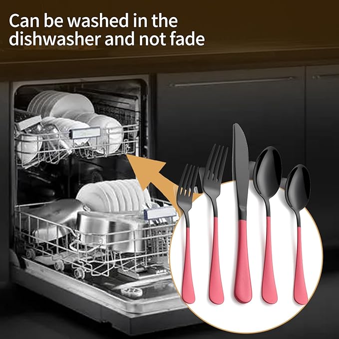 20-Piece Black Silverware Set 18/0 Stainless Steel Silverware Set Pink Handle Cutlery Set Service for 4 Dinner Knives Forks Spoons Set Flatware Set Finish Dishwasher Safe（Black and Pink）