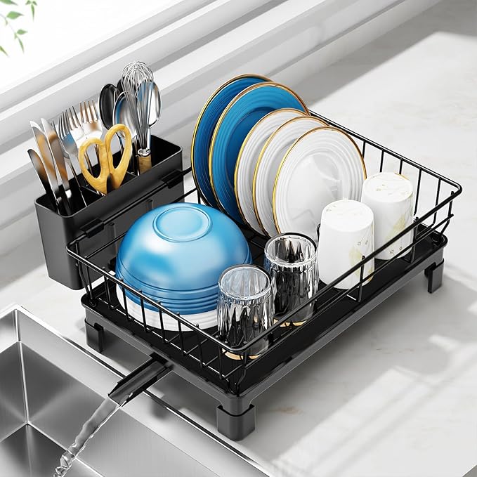 GSlife Small Dish Drying Rack - Dish Racks for RV Small Kitchen Counter, Space-Saving Dish Drainer with Drainboard, Utensil Holder, Dish Holder for Sink, 15" D x 10" L, Black