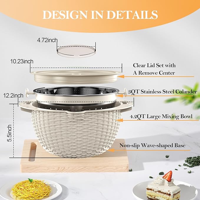 4-1 Colander with Bowl Set, Food Strainers and Colanders, Fruit Washing Bowl with Strainer, Rotatable Colander for Kitchen, Aesthetic Kitchen Gadget - Beige