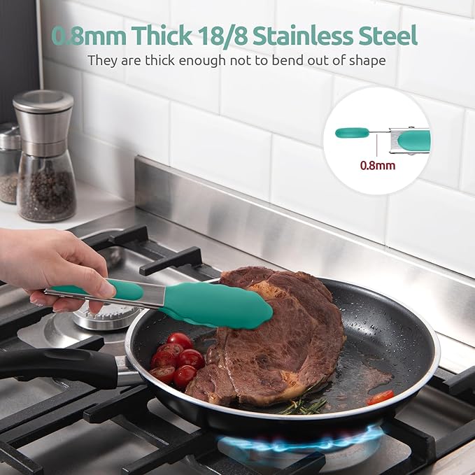 600ºF Heat Resistant Kitchen Tong: U-Taste 7in Silicone Cooking Tong with Firm Sealed Non Stick Rubber Tips & Silicon Coated 18/8 Stainless Steel Handle & Smooth Locking for Serving Salad (Aqua Sky)