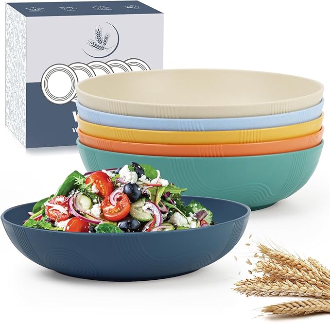 10-inch Wheat Straw Big Bowls Set of 6 - Large 65oz Unbreakable Salad Bowls - Restaurant Grade, Microwave & Dishwasher Safe - Big Plastic Bowls for Cereal and Salad - Vibrant Series