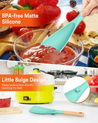 Cooking Spoon for Nonstick Cookwares, Great for Cooking and Serving Sturdy BPA-Free Matte Silicone, Wood Handle Spoon for Mixing, Scoop, and Scrape (GREEN)