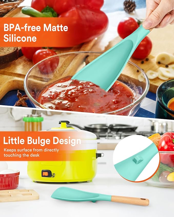 Cooking Spoon for Nonstick Cookwares, Great for Cooking and Serving Sturdy BPA-Free Matte Silicone, Wood Handle Spoon for Mixing, Scoop, and Scrape (GREEN)