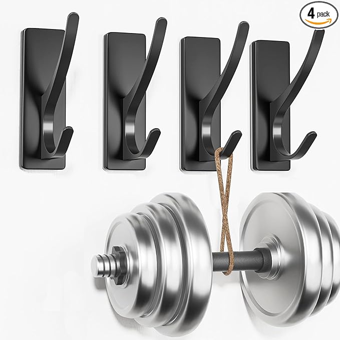 Self Adhesive Coat Hooks for Hanging: Heavy Duty Stainless Wall Hook for Towel, Backpack, Hat, Sturdy Metal Hanger for Bathroom, Bedroom, Door, 4-Pack, Matt Black
