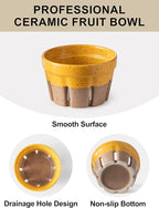 Gomakren Ceramic Berry Basket Set of 2, Round Fruit Bowls with Holes, Rustic Fruit Basket Containers for Kitchen, Berries, Strawberry, Grape, Cherry, Yellow + Brown