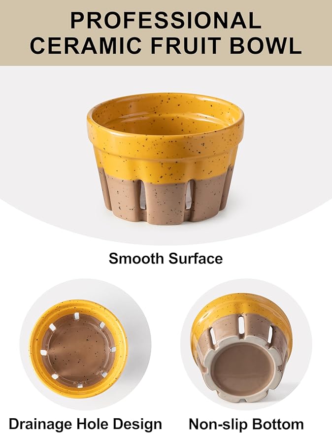 Gomakren Ceramic Berry Basket Set of 2, Round Fruit Bowls with Holes, Rustic Fruit Basket Containers for Kitchen, Berries, Strawberry, Grape, Cherry, Yellow + Brown