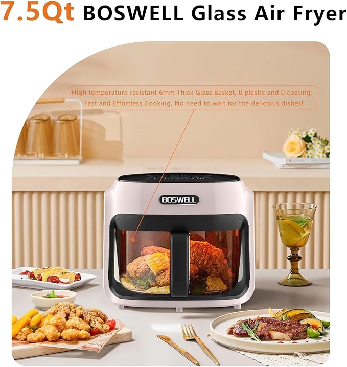 BOSWELL Glass Air Fryer, 7.7QT with Transparent Fry Bowl, Circulating Heating, Temperature Control, Stainless Steel Air Fryer Roast, Dishwasher Safe (white)