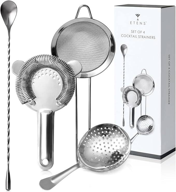 Cocktail Strainer Set – Bar tools Stainless Steel Includes Hawthorne Strainer, Julep & Fine Mesh Cocktail Strainers, Mixing Spoon – Drink Shaker Strainer for Bartending