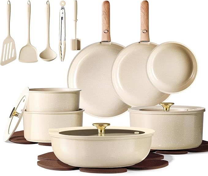 CAROTE 23PCS Pots and Pans set Non Stick, Ceramic Cookware Set, RV Kitchen Cooking Set Removable Handles, Oven Safe, Induction Coolware, Non-toxic Kitchen Cooking Set, PFAS and PFOA Free