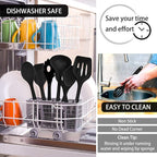 P&P CHEF Silicone Cooking Utensils Set of 7, Heat-proof Kitchen Utensils Set for Nonstick Cookware, Non-stick Spatula, Slotted Turner, Soup Ladle, Pasta Server, Spoon for Cooking Serving - Black