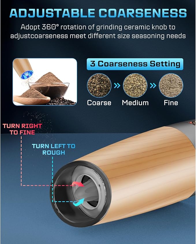 XinXu Gravity Electric Salt and Pepper Grinder Set, Automatic Mill Grinder Shaker,Battery-Operated, Adjustable Coarseness, Stainless Steel, LED Light, One Hand Operated,Wood Grain