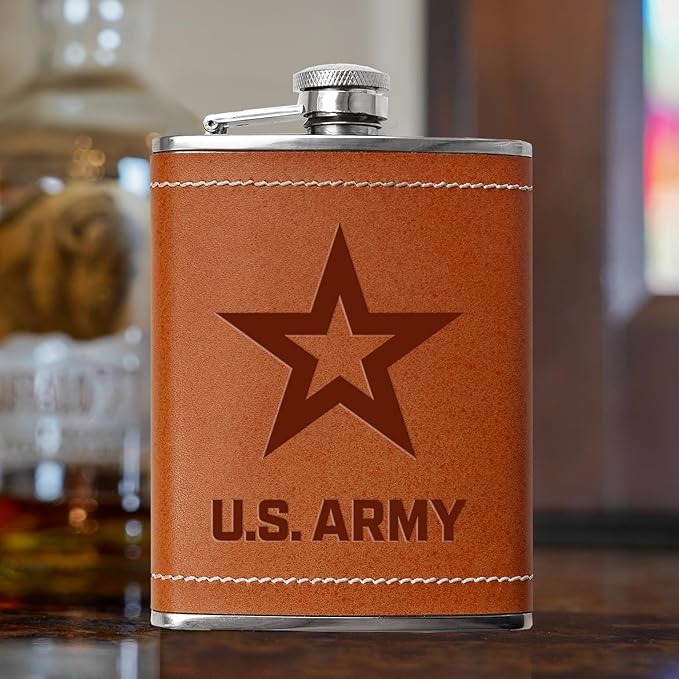 Leather Wrapped 8 oz Army Flask | Stainless Steel USA Hip Flask – Tobacco Brown, US Army Gifts | Disabled USMC Vet Owned SMALL Business
