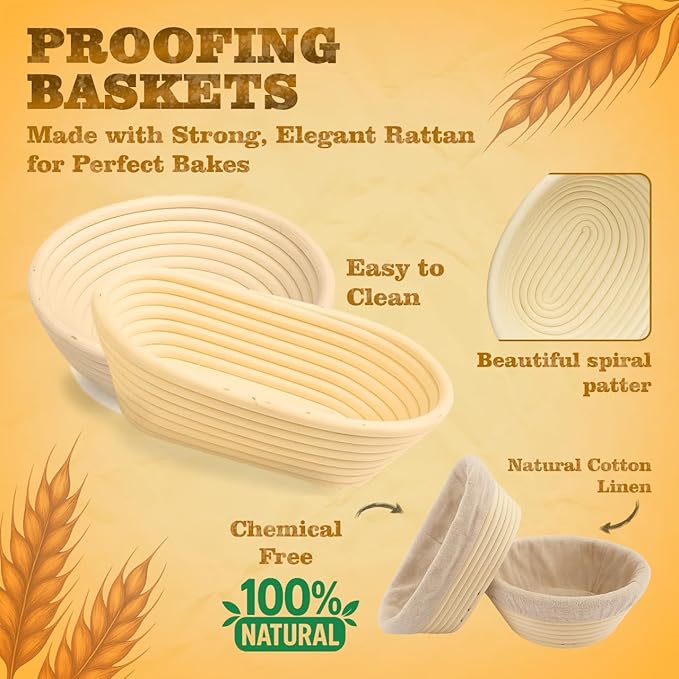 ARHY Sourdough Starter & Bread Baking Kit – 700ml Wide-Mouth Fermentation Jar + Round & Oval Rattan Bannetons – Complete Tool Set with Online Recipe Guide