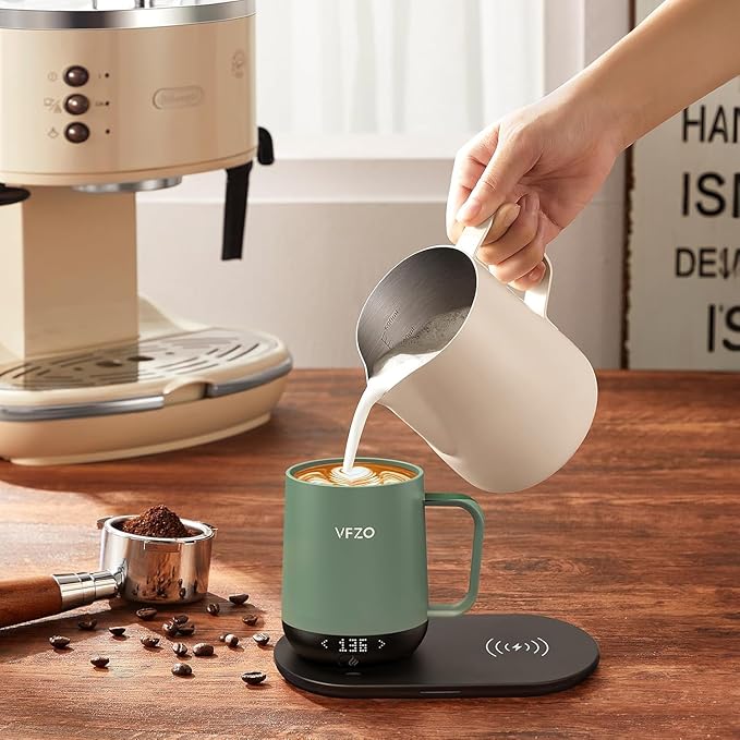 Temperature Control Smart Mug, Self Heating Coffee Mug LED Display, 180 Min Battery Life - Hot up to 149℉ Fast Wireless Charger Base Improved Design (12oz, Blue Grey)