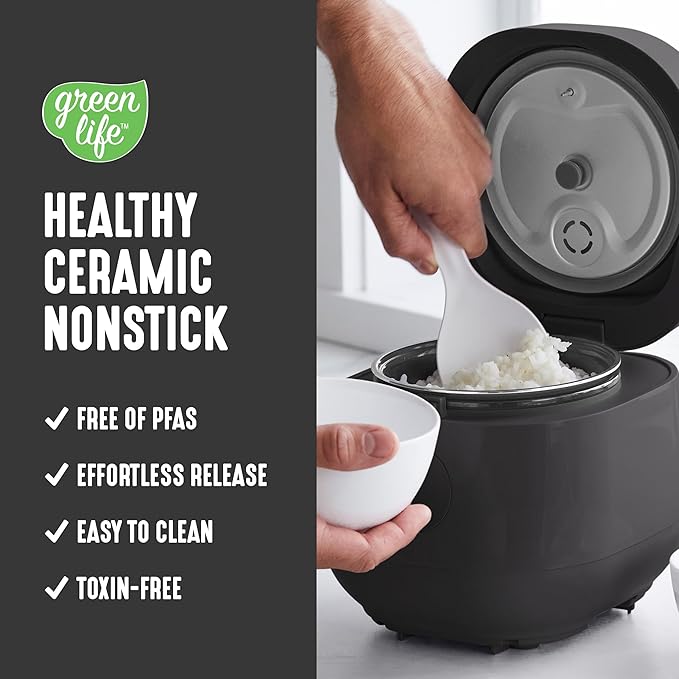 GreenLife Digital Rice Cooker, 2-Cups Uncooked/4-Cups Cooked, Removable Nonstick Ceramic PFAS-Free Pot, One-Touch Presets, Oats, Quinoa, Brown Rice, Auto Keep Warm, Fuzzy Logic Tech, 1.5 QT, Black