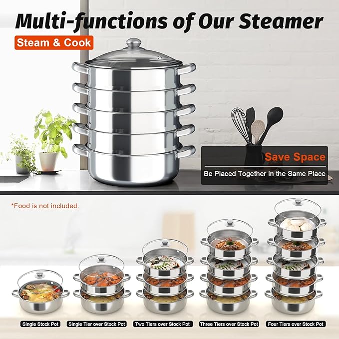 5-Tier Stainless Steel Steamer Cookware Pot with Kitchen Steaming Cookware with Lid Gas Electric Stove Steamer Pot for Kitchen, Home, And Commercial Use