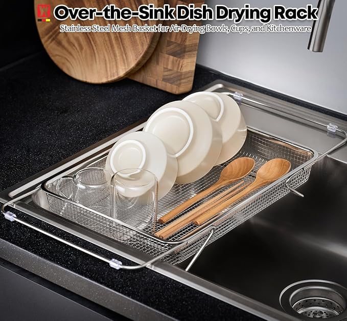 Extendable Dish Rack with Feet, Vegetable Colander Basket, Stainless Steel Dish or Silverware Drying Rack, Ultimate Kitchen Organizer Over The Sink (12.99 x 9.65 x 2.76 Inches)