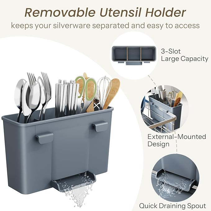 Dish Drying Rack - Small Dish Rack for Kitchen Counter, Stainless Steel Dish Drainer with Utensil Holder and Drainboard (Silver)