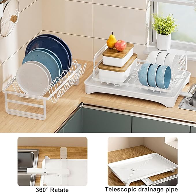 Kitchen Dish Drying Rack, Large 2-Tier Dish Drying Rack with Draining Board, Kitchen Countertop Organizer, Multi-Use Utensil Organizer and Cup Holder, White