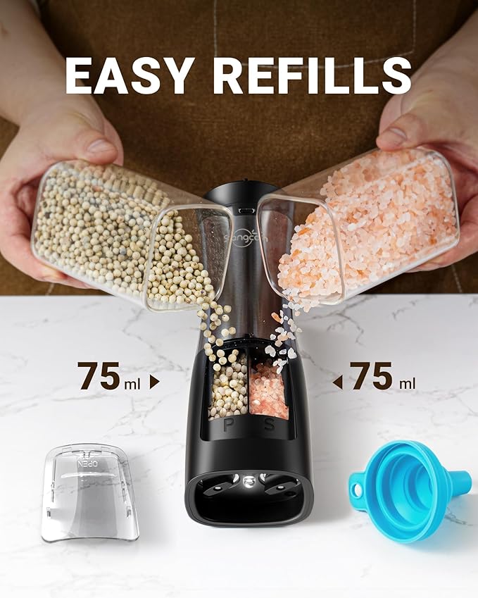 Sangcon Electric Salt and Pepper Grinder Set Shakers 2 IN 1 - USB RECHARGEABLE Salt and Pepper Mill Set All in One, Automatic Refillable Adjustable Coarseness Ceramic Grinder with Light