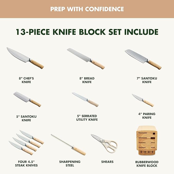 GreenPan Elite 13 Piece Wooden Knife Block Set, Professional Stainless Steel Blades with Titanium Coating, Ultra-Sharp Kitchen Cutlery, Chef, Santoku, Bread & Steak Knives, Ergonomic Wood Handles