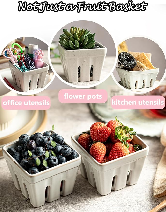 Gomakren Ceramic Berry Basket Set of 2, Square Fruit Bowls with Holes, Rustic Fruit Basket Containers for Kitchen, Berries, Strawberry, Grape, Cherry - Cream White
