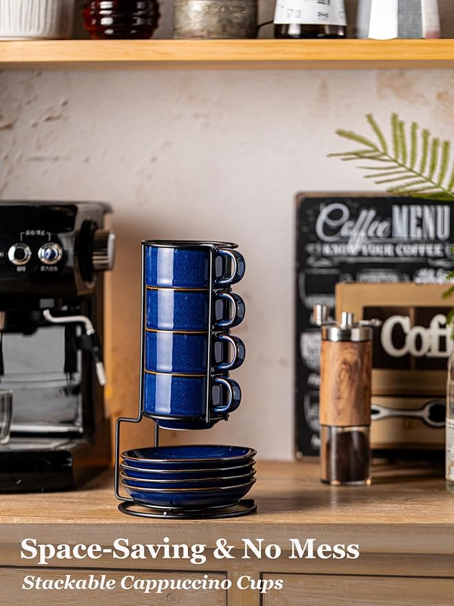 Gomakren 6 Ounce Cappuccino Cups with Saucers and Metal Stand, Stackable Coffee Cup Set of 4, Halloween Porcelain Espresso Cups for Coffee Drinks, Cappuccino, Latte, Americano, Tea, Cobalt Blue