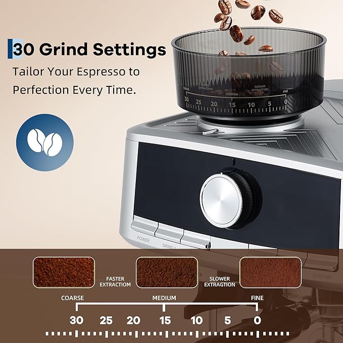 20 Bar Pressure Stainless Steel Espresso Machine with Grinder, 1.5l Removable Water Tank, Milk Frother Steam Wand for Latte and Cappuccino, Adjustable Shot Volume,Silver