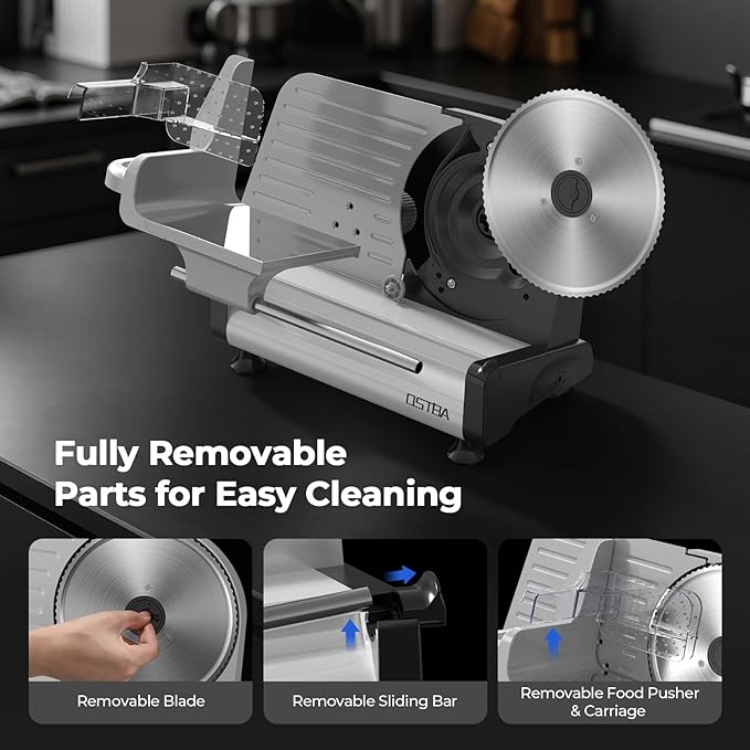 OSTBA Electric Meat Slicer with 200W DC Motor, 2 Removable 8.7” Stainless Steel Blades, Adjustable Thickness 0–15mm, Food Tray & Hand Grip, Deli Food Slicer for Meat, Cheese, Bread, Vegetables